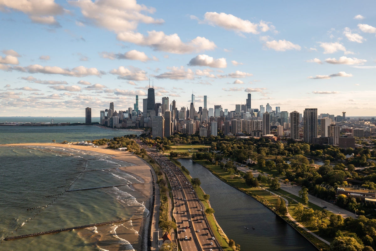 aerial view of South Shore Lake Drive Chicago IL between South Lagoon and Lake Michigan beaches